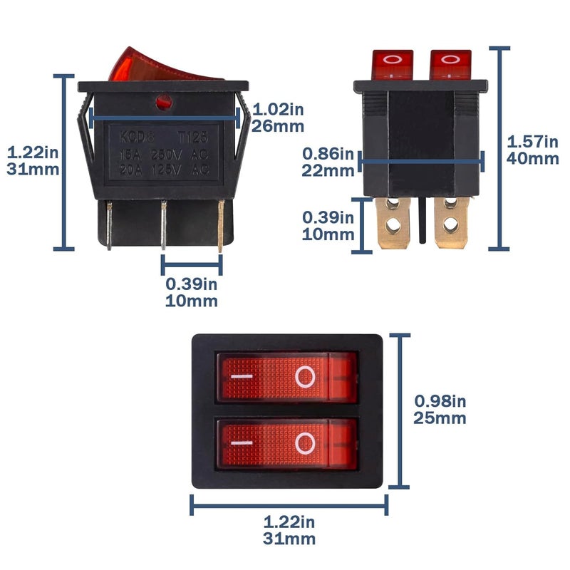 VEXUNGA 6pcs Mini Rocker Switch On Off Red Light Double Rocker Switch Boat 20A 125V AC 15A 250V 6 Pin 2 Position Lighted Illuminated SPST Snap Dual Switches for Car Marine - Image 2